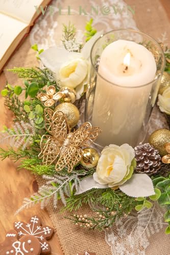 WELL KNOWN Artificial Flower Candle Rings Wreath, 12" Small Wreath for Candle Holder or Candelabrum, Butterfly Dining Table Centerpieces for Home Wedding Party & Hanging Decor (Gold White & Green) - Image 4