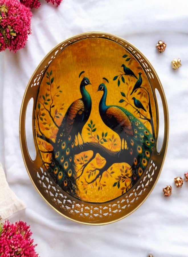 COOPTIC Handcrafted Pichwai Basket | Traditional Indian Decorative Storage | Ethnic Home Décor, Festival & Wedding Gift | Durable Handmade Basket (Cream-Double-Mor) - Image 1