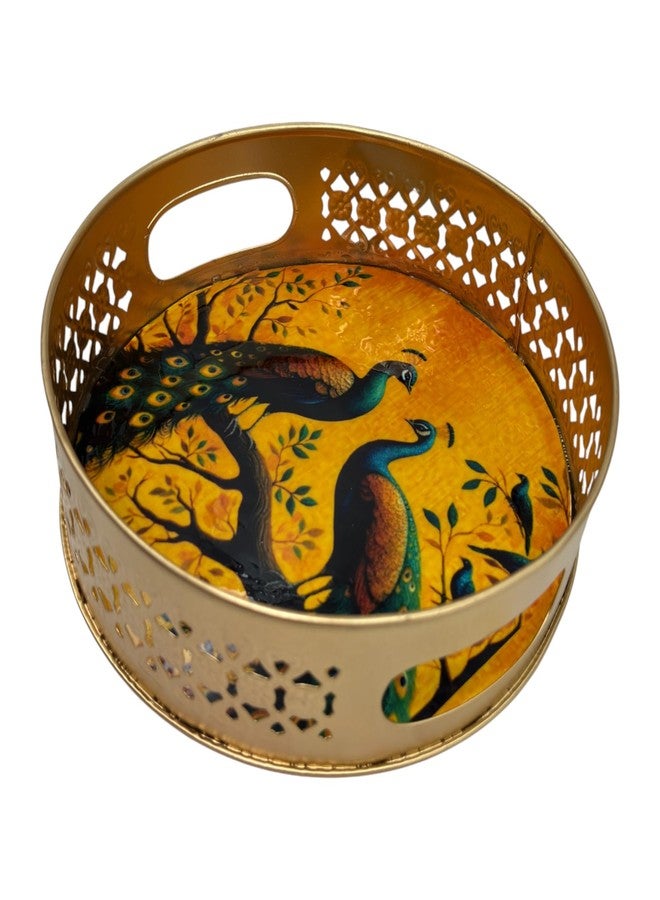 COOPTIC Handcrafted Pichwai Basket | Traditional Indian Decorative Storage | Ethnic Home Décor, Festival & Wedding Gift | Durable Handmade Basket (Cream-Double-Mor) - Image 5
