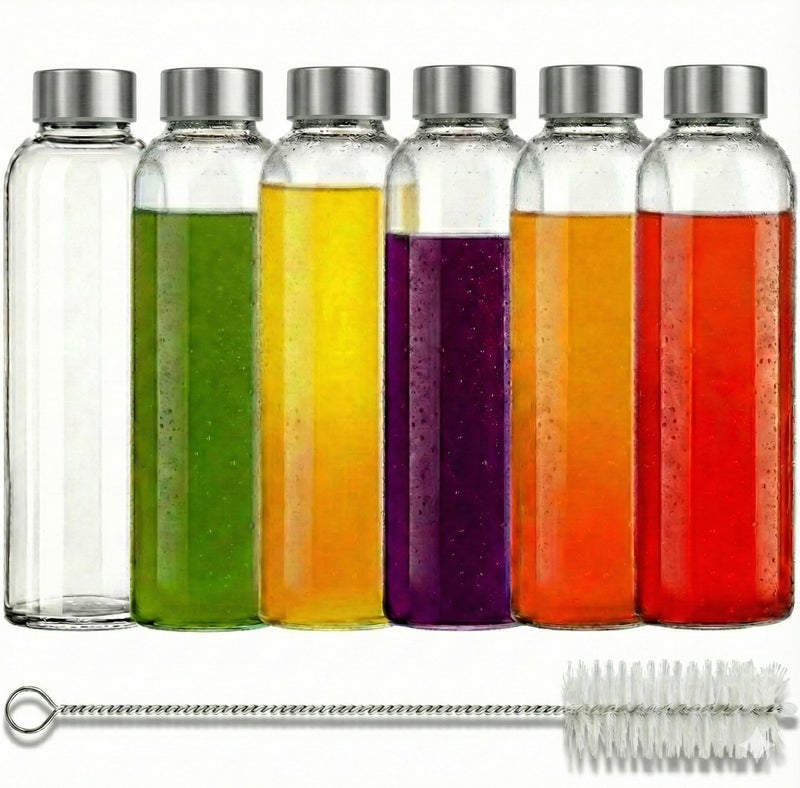 Brieftons Clear Glass Water Bottles With Caps: 6 Pack, 18 Oz Premium Soda Lime, Reusable Drinking Bottle, Sauce Jar, Juice Beverage Container, Kefir Kit, With Leakproof Lids and Cleaning Brush - Image 1