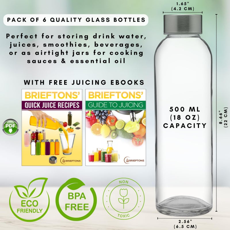 Brieftons Clear Glass Water Bottles With Caps: 6 Pack, 18 Oz Premium Soda Lime, Reusable Drinking Bottle, Sauce Jar, Juice Beverage Container, Kefir Kit, With Leakproof Lids and Cleaning Brush - Image 2