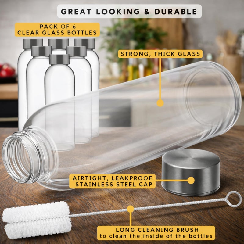 Brieftons Clear Glass Water Bottles With Caps: 6 Pack, 18 Oz Premium Soda Lime, Reusable Drinking Bottle, Sauce Jar, Juice Beverage Container, Kefir Kit, With Leakproof Lids and Cleaning Brush - Image 5
