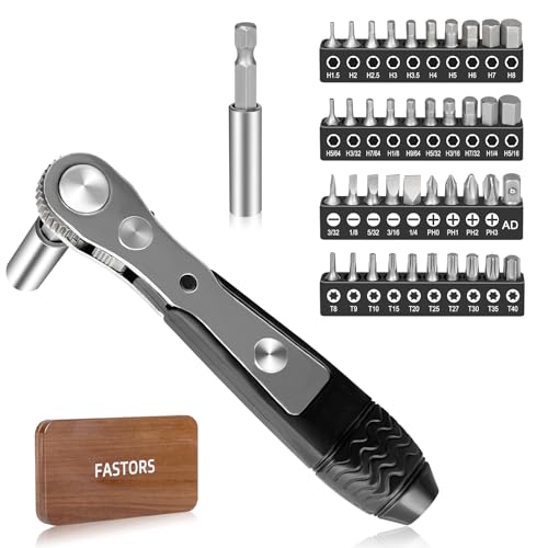 FASTORS Right Angle Screwdriver,42 PCS 1/4 Mini Ratchet Set,90 Degree Offset Ratcheting Wrench,Hex/Torx/Slotted/Phillips Magnetic Bits,Stocking Stuffers for Men&Women - Image 1