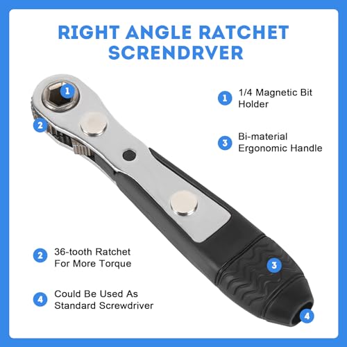 FASTORS Right Angle Screwdriver,42 PCS 1/4 Mini Ratchet Set,90 Degree Offset Ratcheting Wrench,Hex/Torx/Slotted/Phillips Magnetic Bits,Stocking Stuffers for Men&Women - Image 3
