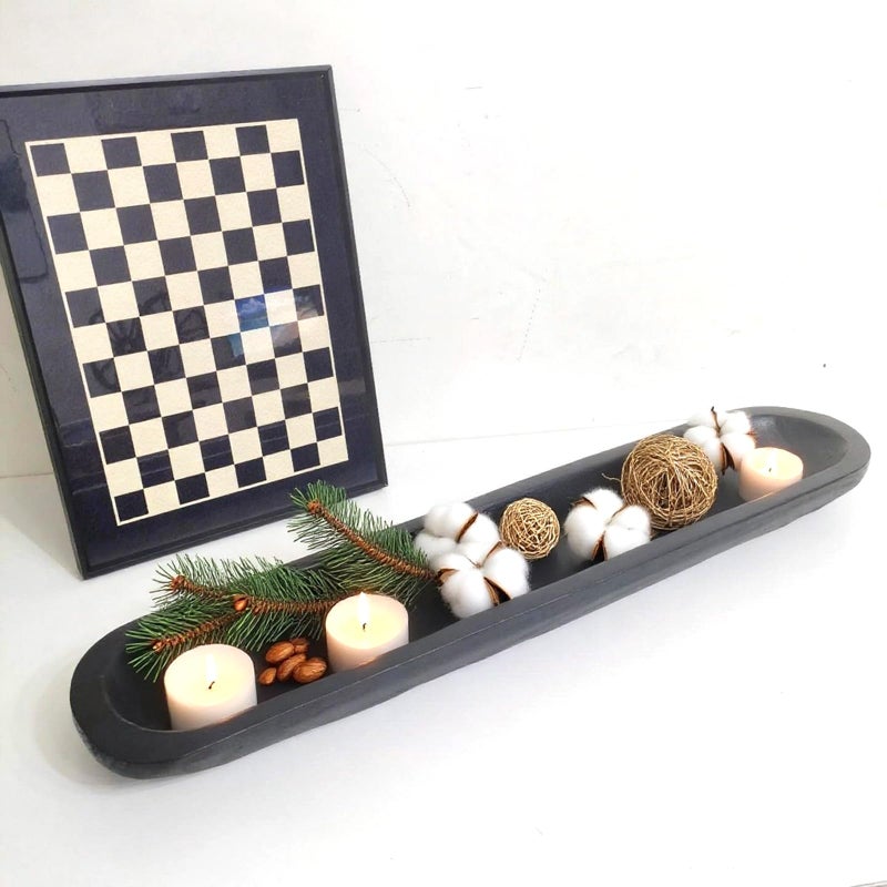 BEDAZE Wooden Dough Bowls Decorativeï¼ŒRustic Bread Long Bowls Decor Wood Tray, Hand Carved for Table Centerpiece Decor, Home Decor (30 * 6 * 2 inch Black) - Image 5