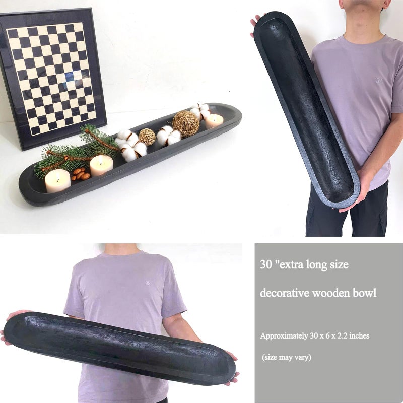 BEDAZE Wooden Dough Bowls Decorativeï¼ŒRustic Bread Long Bowls Decor Wood Tray, Hand Carved for Table Centerpiece Decor, Home Decor (30 * 6 * 2 inch Black) - Image 3
