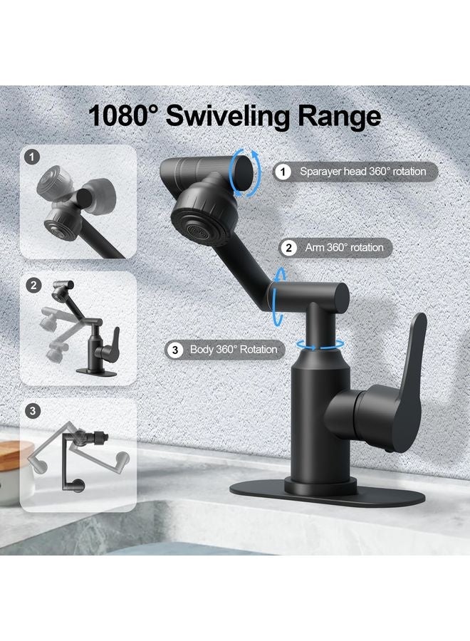 هومستر حمّام أسود Faucets، فولاذ مقاوم للصدأ 1080° دوار حمّام Faucet 1 فتحة أو 3 فتحات، حمّام وحيد مقبض Faucets بخراطيم ساخنة وباردة، 2 أوضاع منفذ الماء، أسود غير لامع - Image 5