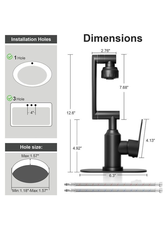 هومستر حمّام أسود Faucets، فولاذ مقاوم للصدأ 1080° دوار حمّام Faucet 1 فتحة أو 3 فتحات، حمّام وحيد مقبض Faucets بخراطيم ساخنة وباردة، 2 أوضاع منفذ الماء، أسود غير لامع - Image 3