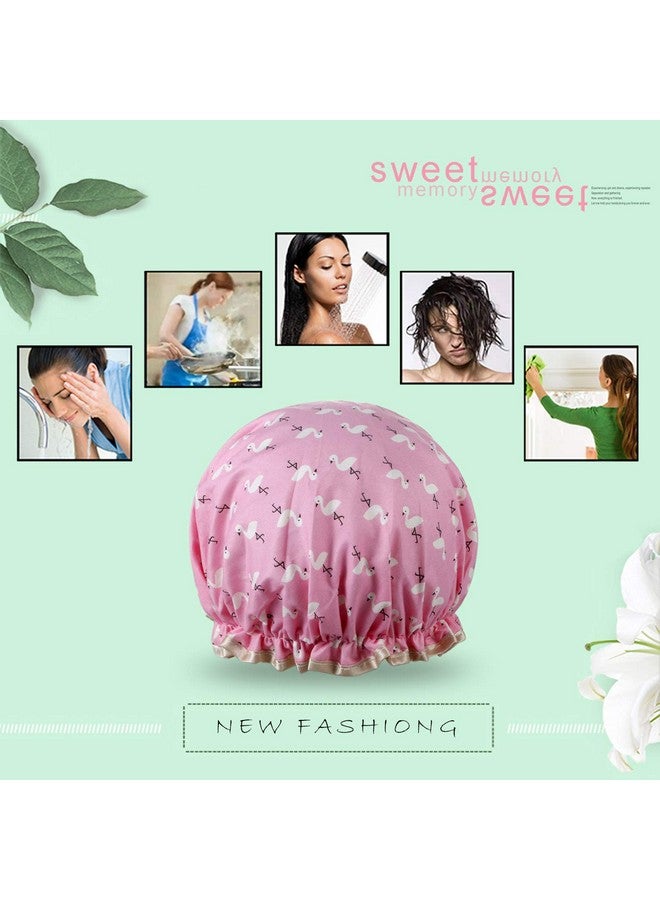 Vtrem Shower Cap Lined Double Layer Waterproof Hair Bath Caps With Lace Elastic Band Lovely Pink Flamingo Pattern Reusable Bathing Hat For Women All Hair Lengths And Thicknesses - Image 4