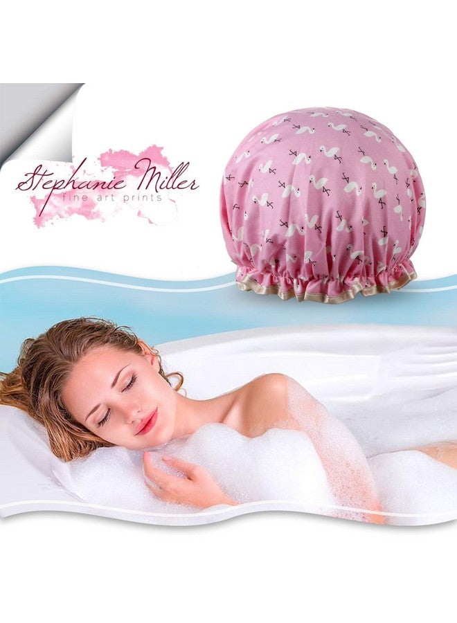 Vtrem Shower Cap Lined Double Layer Waterproof Hair Bath Caps With Lace Elastic Band Lovely Pink Flamingo Pattern Reusable Bathing Hat For Women All Hair Lengths And Thicknesses - Image 5