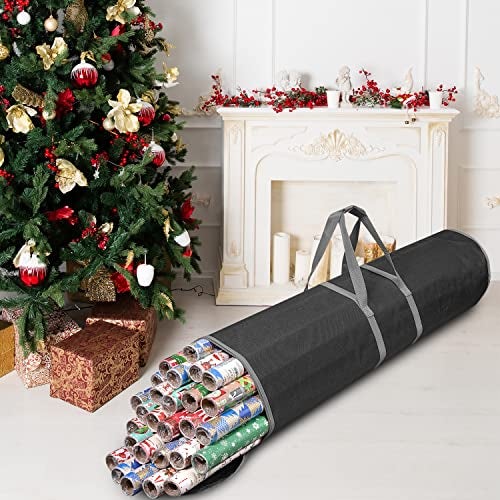ProPik Wrapping Paper Storage Bag | Gift Wrap Holder Organizer | 2 Pack Store Up to 48 Rolls 40 Inch Long | Heavy Duty 600D Oxford Material Holiday Container | Top & side handles (Black) - Image 2