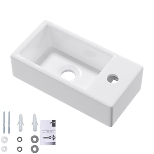 QISHKA Small Wall Mount Vessel Sink, QISHKA 14.4" x 7" Ceramic Rectangle Wall Hung Bathroom Sink White Mini Wash Basin, Save Space for Narrow Bathroom (Right Hand) - Image 2