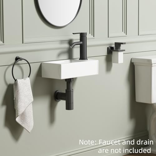 QISHKA Small Wall Mount Vessel Sink, QISHKA 14.4" x 7" Ceramic Rectangle Wall Hung Bathroom Sink White Mini Wash Basin, Save Space for Narrow Bathroom (Right Hand) - Image 4