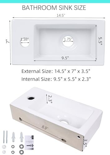 QISHKA Small Wall Mount Vessel Sink, QISHKA 14.4" x 7" Ceramic Rectangle Wall Hung Bathroom Sink White Mini Wash Basin, Save Space for Narrow Bathroom (Right Hand) - Image 5