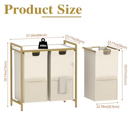 Huhote Laundry Hamper, double Laundry Basket, Laundry Sorter with Top Shelf & 2 Removable Washable Bags & Side Pockets for Laundry Room organization, Bathroom and Dorm, Gold and White - Image 2