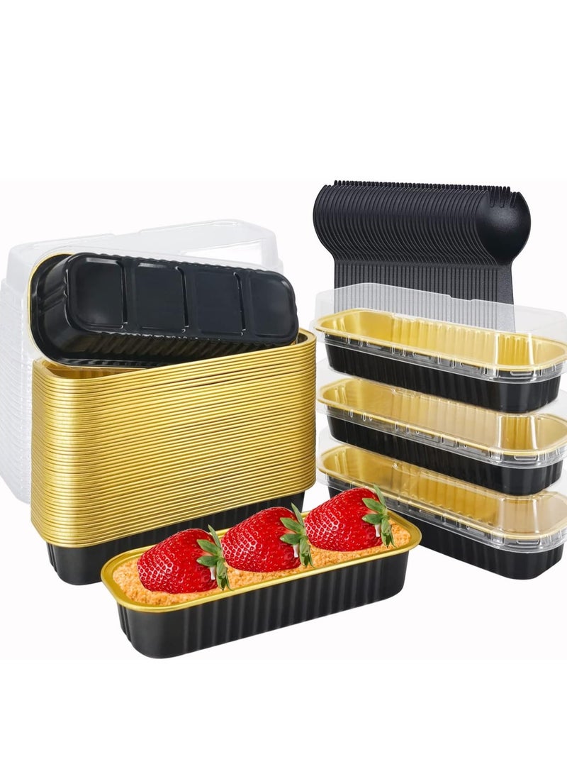 Bukela 50 Pack Aluminum Foil Mini Loaf Pans with Lids and Fork, 6.8oz Rectangle Baking Cups Muffin Tins, Disposable Baking Tins Mini Baking Pans Holders for Mini Cake Bread - Black in Gold - Image 1