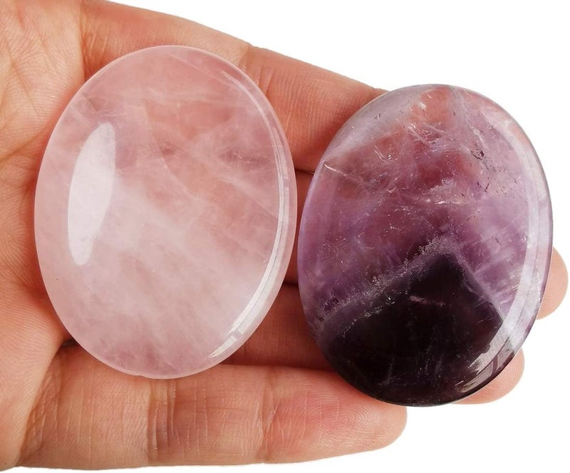 Rose Quartz and Amethyst Thumb Worry Stone, Stress Relax Healing Reiki Crystal Pocket Palm Stones,Pack of 2
