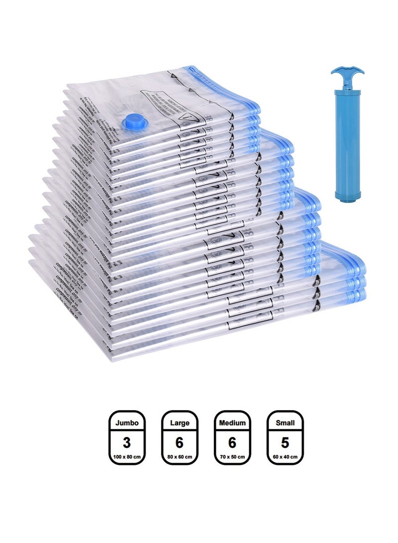 Noon East 20-Piece High Quality Reusable Transparent Vacuum Compression Zipper Storage Bags with Airtight Valve with Hand Pump, 3 x Jumbo bags (80 x 100 cm each), 6 x Large bags (80 x 60 cm each), 6 x Medium bags (70 x 50 cm each) and 5 x Small bags (40 x 60cm each) 1 x Hand pump Space Saver for travel Clothes Bedding Towels - Image 1
