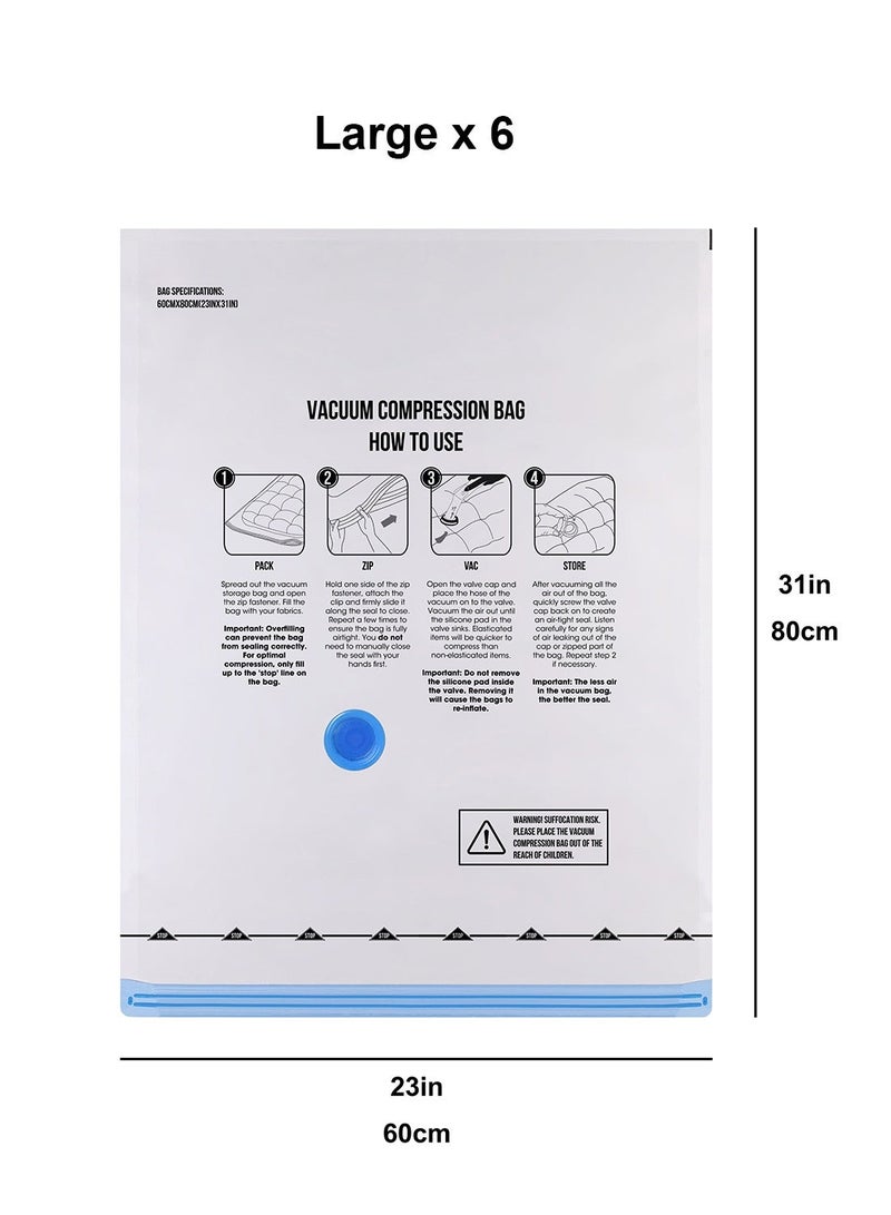 Noon East 20-Piece High Quality Reusable Transparent Vacuum Compression Zipper Storage Bags with Airtight Valve with Hand Pump, 3 x Jumbo bags (80 x 100 cm each), 6 x Large bags (80 x 60 cm each), 6 x Medium bags (70 x 50 cm each) and 5 x Small bags (40 x 60cm each) 1 x Hand pump Space Saver for travel Clothes Bedding Towels - Image 5