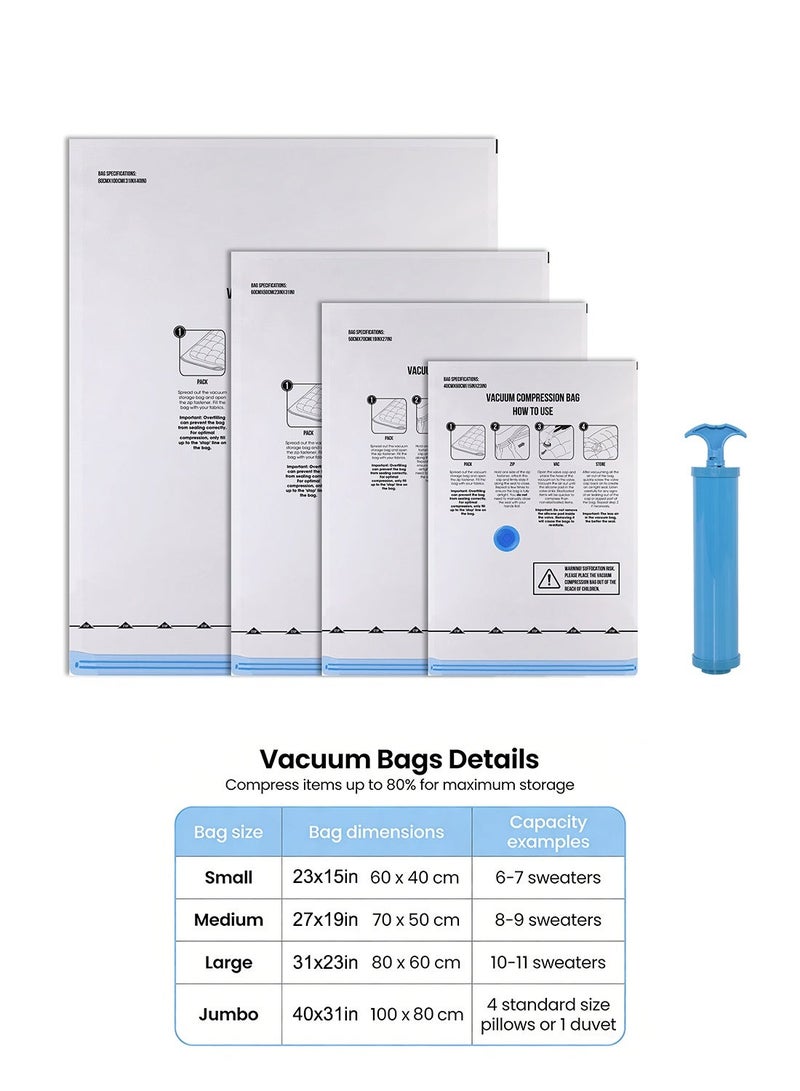 Noon East 20-Piece High Quality Reusable Transparent Vacuum Compression Zipper Storage Bags with Airtight Valve with Hand Pump, 3 x Jumbo bags (80 x 100 cm each), 6 x Large bags (80 x 60 cm each), 6 x Medium bags (70 x 50 cm each) and 5 x Small bags (40 x 60cm each) 1 x Hand pump Space Saver for travel Clothes Bedding Towels - Image 2
