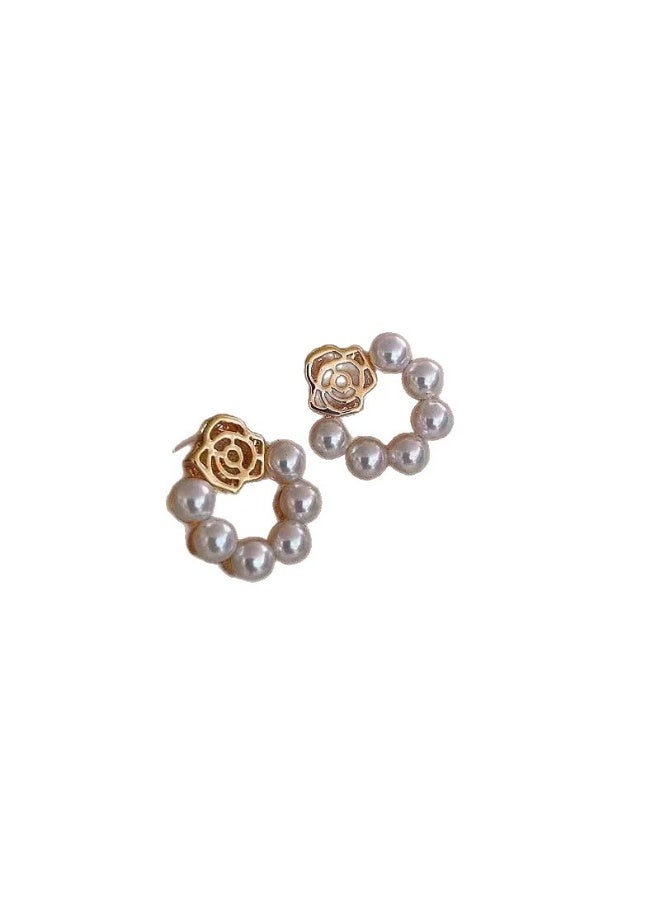 Goolsky Korean Minimalist Elegant Rose Earrings for Women – Vintage French Pearl Hollow Studs, Rose & Pearl Motifs S925 Silver Posts, Daily Wear/Dates - Image 1
