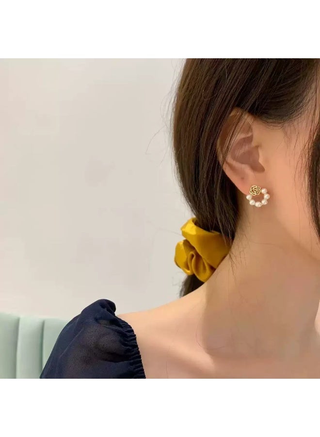 Goolsky Korean Minimalist Elegant Rose Earrings for Women – Vintage French Pearl Hollow Studs, Rose & Pearl Motifs S925 Silver Posts, Daily Wear/Dates - Image 2