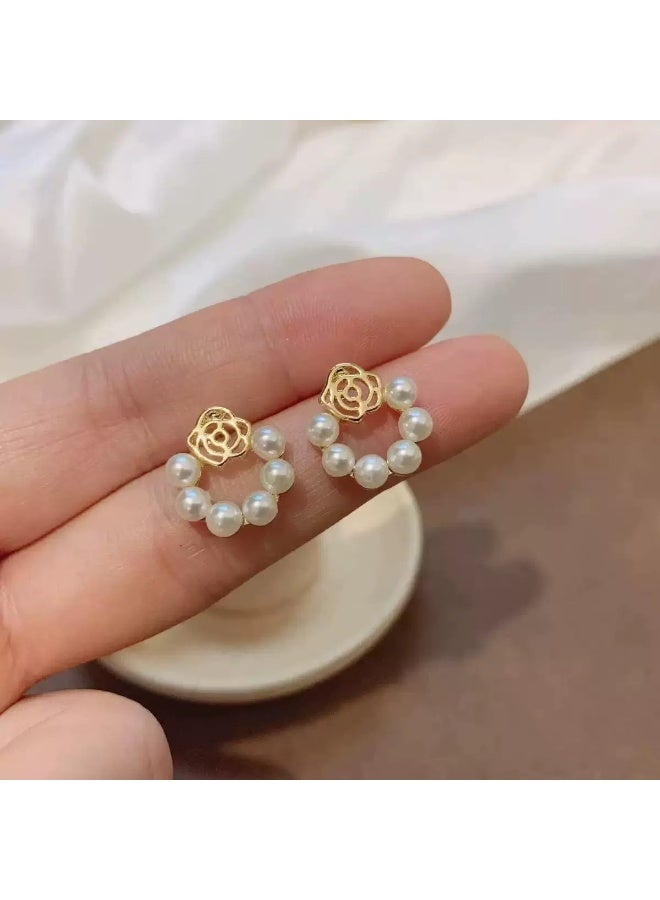 Goolsky Korean Minimalist Elegant Rose Earrings for Women – Vintage French Pearl Hollow Studs, Rose & Pearl Motifs S925 Silver Posts, Daily Wear/Dates - Image 3