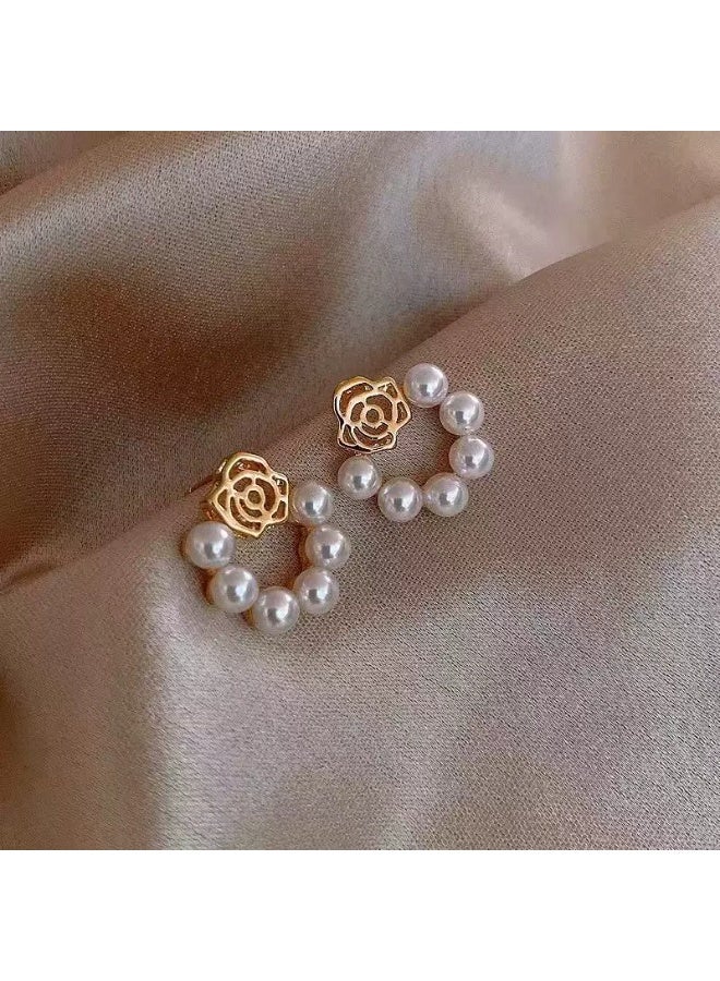 Goolsky Korean Minimalist Elegant Rose Earrings for Women – Vintage French Pearl Hollow Studs, Rose & Pearl Motifs S925 Silver Posts, Daily Wear/Dates - Image 4