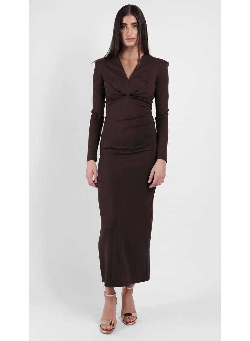 KYVELi Women's Elegant Twist Midi Dress- Brown - Image 1