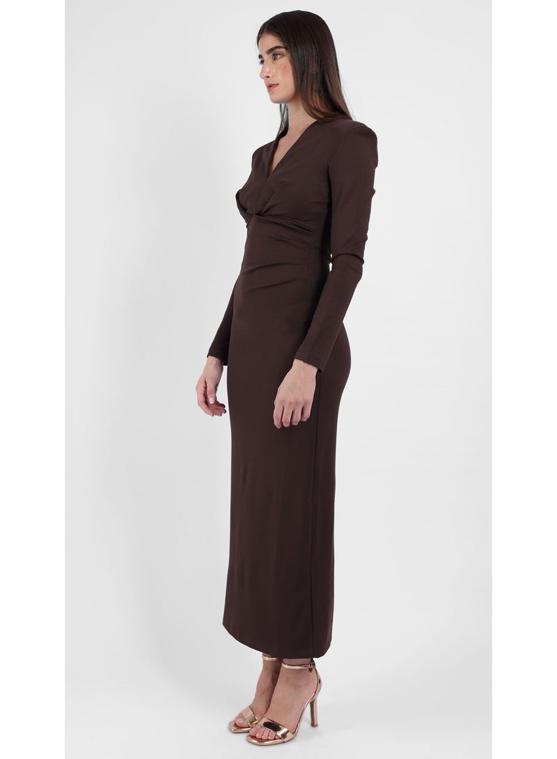 KYVELi Women's Elegant Twist Midi Dress- Brown - Image 3