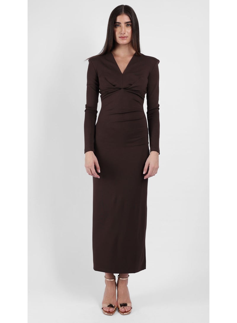 KYVELi Women's Elegant Twist Midi Dress- Brown - Image 2