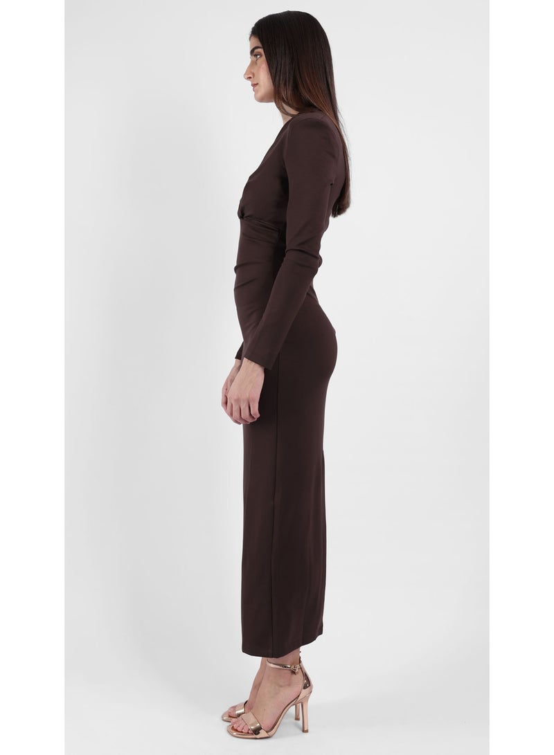 KYVELi Women's Elegant Twist Midi Dress- Brown - Image 4