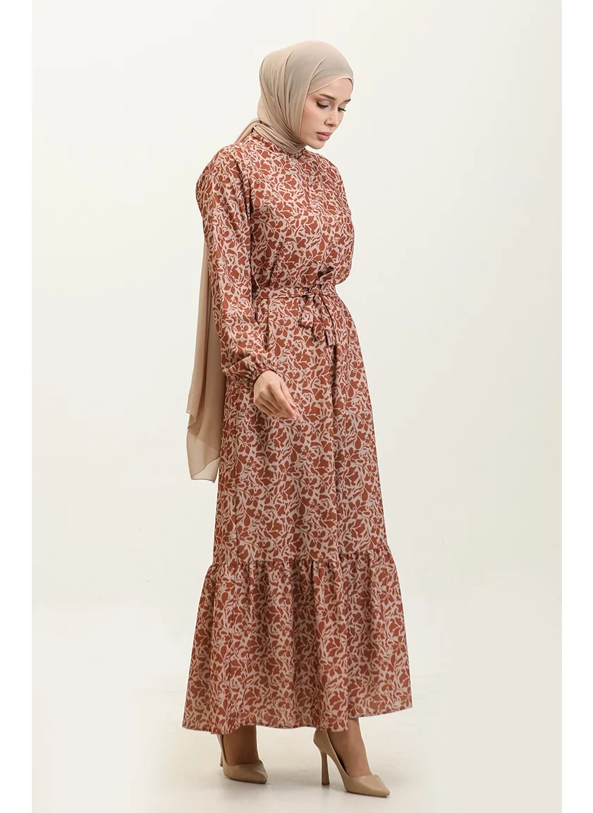 Sefa Merve Adile Floral Patterned Crepe Dress 0347-03 Tobacco