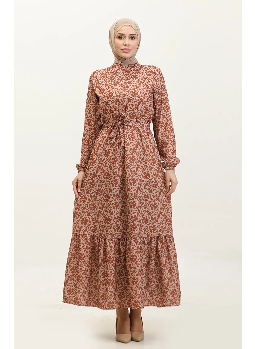 Sefa Merve Adile Floral Patterned Crepe Dress 0347-03 Tobacco