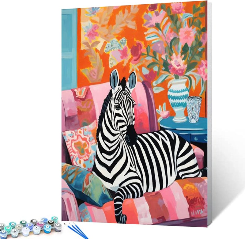 Tucocoo Zebra Sitting on Sofa Paint by Number Colorful Vintage Style DIY Painting on Canvas with Brushes Acrylic Paints Paint by Numbers for Adults and Kids Beginner DIY Kit 16x20 InchWithout Frame - Image 2