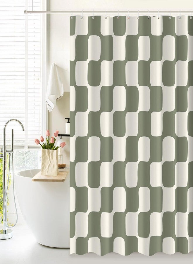 Tititex Retro Checkerboard Grid Pattern 140gsm Faux Linen Fabric Shower Curtain, Beige Sage Green Classical Groovy Wavy Checkered Shower Curtain Sets Decoration 72x72 Inch with Hooks - Image 2