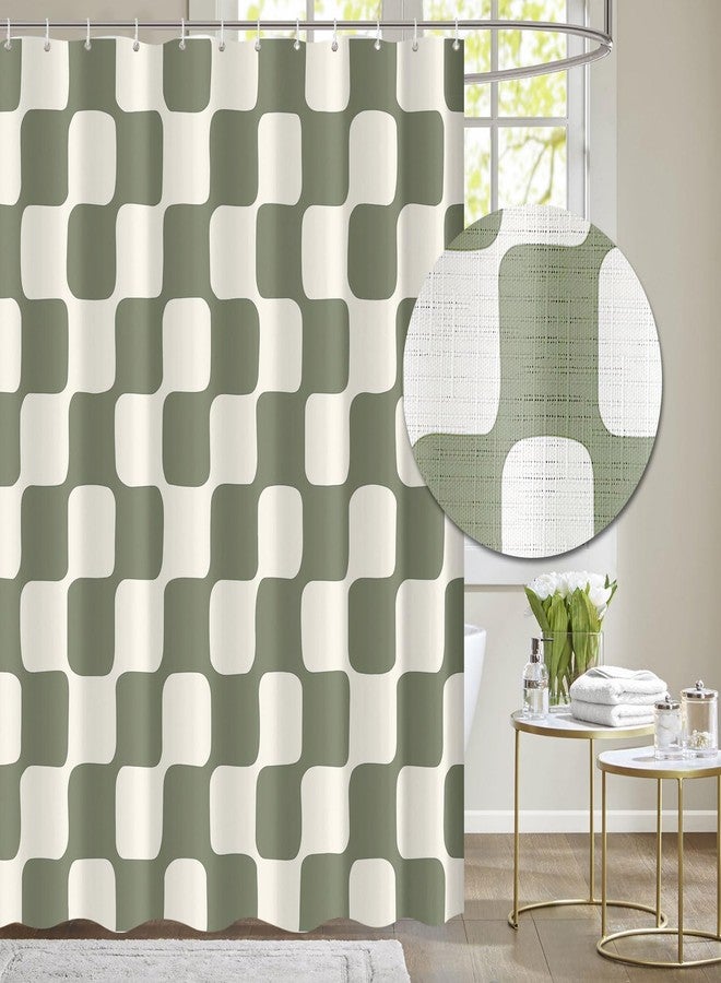 Tititex Retro Checkerboard Grid Pattern 140gsm Faux Linen Fabric Shower Curtain, Beige Sage Green Classical Groovy Wavy Checkered Shower Curtain Sets Decoration 72x72 Inch with Hooks - Image 1