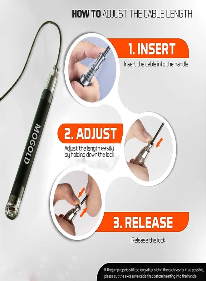 Mogold professional Speed King jump rope Self-Locking system,length adjustable, 360 Degree Spin, Silicone cover metal Grip with 2 no tangling Speed Rope Cables for fitness Home Workout & More (Black) - Image 4