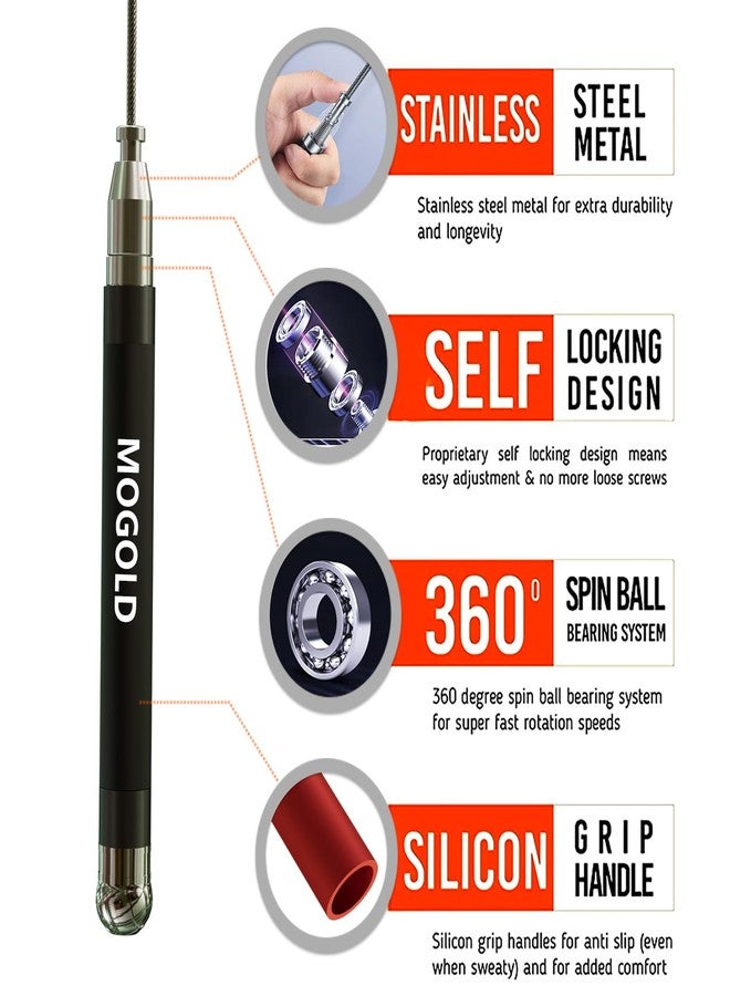 Mogold professional Speed King jump rope Self-Locking system,length adjustable, 360 Degree Spin, Silicone cover metal Grip with 2 no tangling Speed Rope Cables for fitness Home Workout & More (Black) - Image 3
