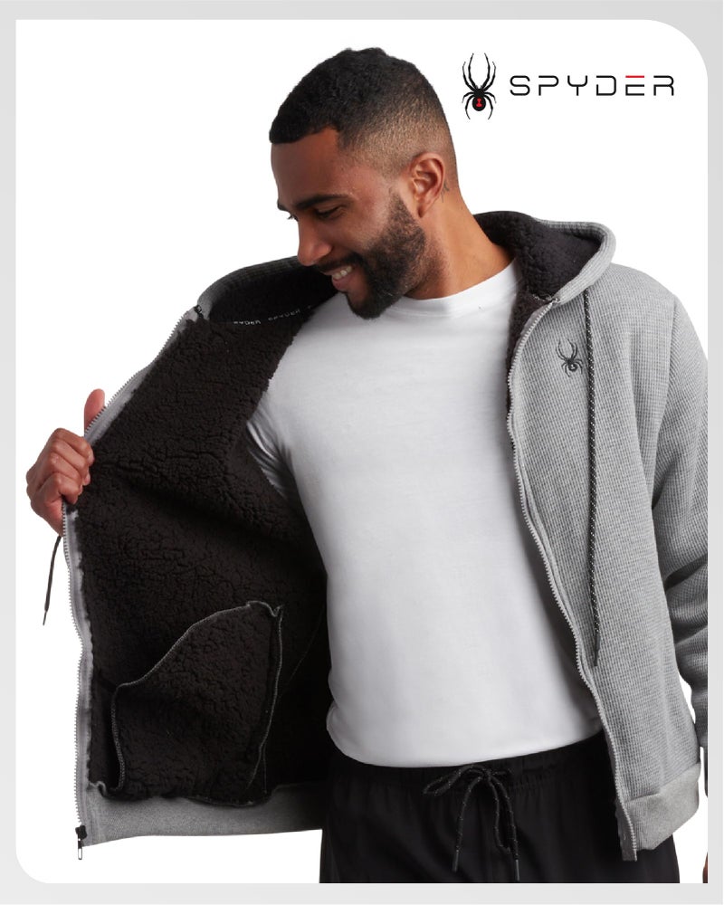 Spyder Mens Sherpa Fur Hoodie - Soft Stretch Waffle Knit Full Zip Up Hoodie Sweatshirt for Men with Cozy Sherpa Fleece Lining, Size Medium, Grey Heather - Image 2