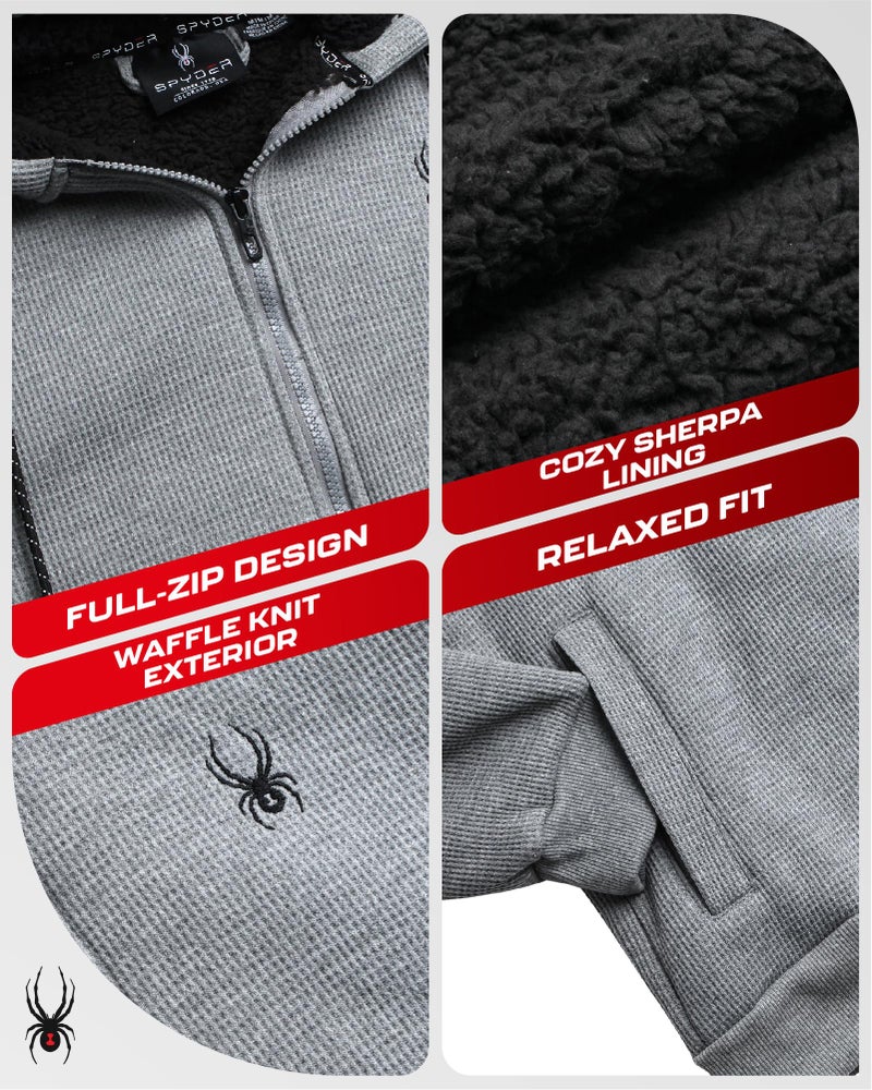 Spyder Mens Sherpa Fur Hoodie - Soft Stretch Waffle Knit Full Zip Up Hoodie Sweatshirt for Men with Cozy Sherpa Fleece Lining, Size Medium, Grey Heather - Image 3
