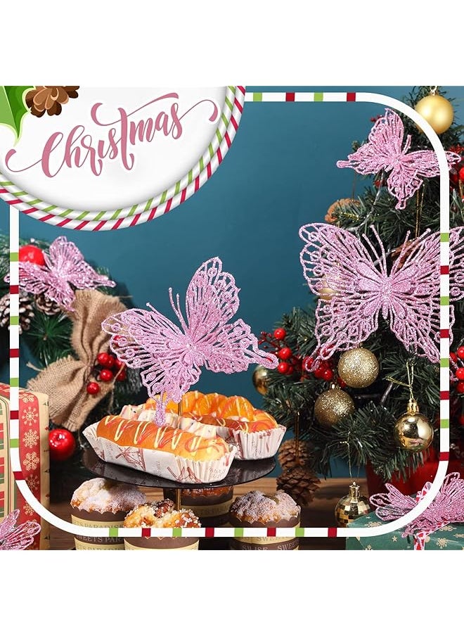 erorex 36 Pcs Pink Ornaments 36 Pcs 3 Size Glitter Hollow Butterfly Ornaments Hanging Decorations With Clips And Stems For Holiday Party Crafts And Tree Pink  - Image 2