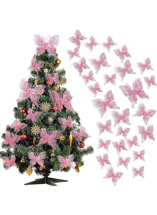 erorex 36 Pcs Pink Ornaments 36 Pcs 3 Size Glitter Hollow Butterfly Ornaments Hanging Decorations With Clips And Stems For Holiday Party Crafts And Tree Pink  - Image 1