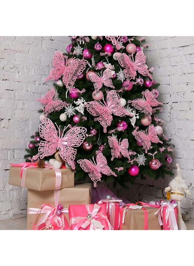 erorex 36 Pcs Pink Ornaments 36 Pcs 3 Size Glitter Hollow Butterfly Ornaments Hanging Decorations With Clips And Stems For Holiday Party Crafts And Tree Pink  - Image 4