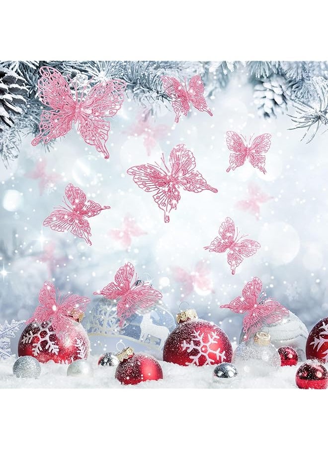 erorex 36 Pcs Pink Ornaments 36 Pcs 3 Size Glitter Hollow Butterfly Ornaments Hanging Decorations With Clips And Stems For Holiday Party Crafts And Tree Pink  - Image 3