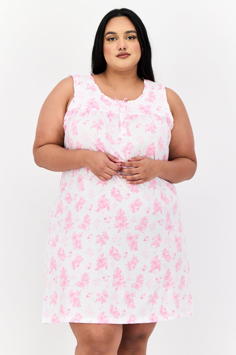 Celestial Dreams Women Plus Size U Neck Floral Print Sleeveless Sleepwear Dress, Multicolor - Image 1