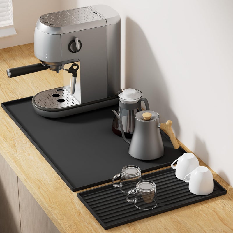 Golener Silicone Coffee Mat Set 24 x 16 Coffee Bar Mat for Countertop Kitchen Station Pad Accessories Fit Under Coffee Maker or Machine Dish Drying Mat Heat Resistant Kitchen Gadget Black