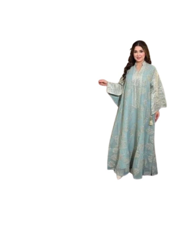 عباية نسائية مطرزة هند ميد – خامة كتان إسباني مستورد – عباية خروج ومناسبات – متوفرة بمقاسين 1 و2 مقاس 1: مناسب من 60 إلى 85 كجم مقاس 2: مناسب من 85 إلى 120 كجم - Image 1