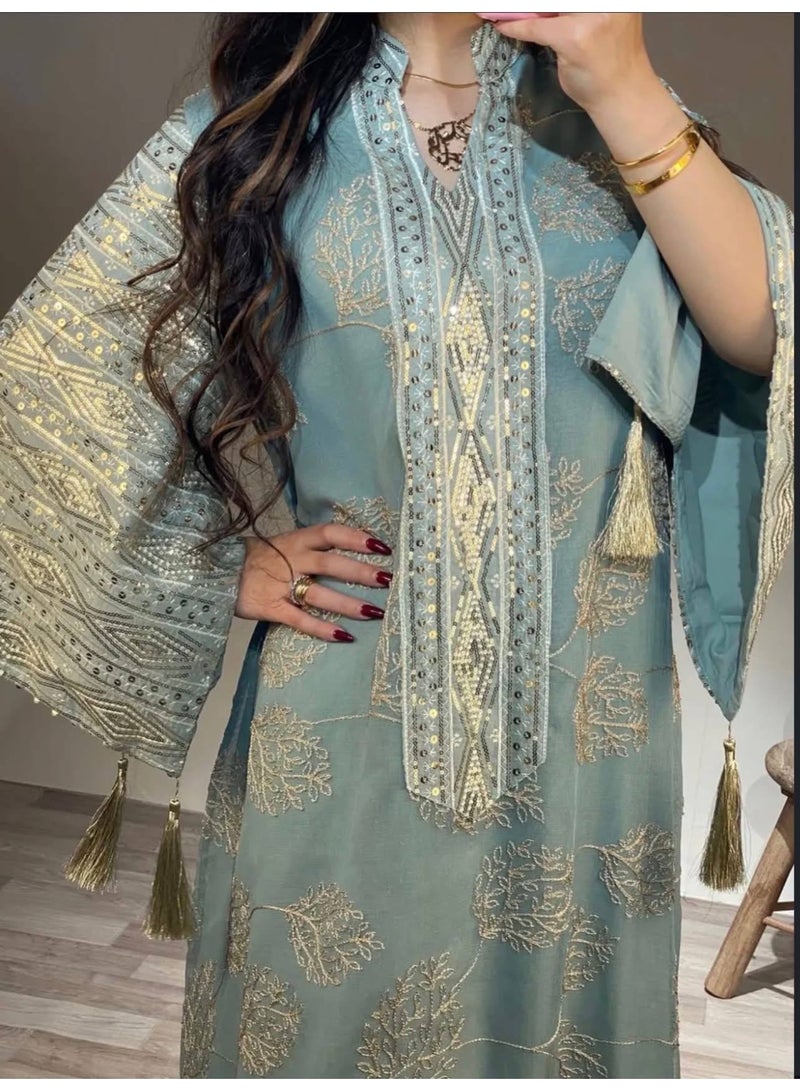 عباية نسائية مطرزة هند ميد – خامة كتان إسباني مستورد – عباية خروج ومناسبات – متوفرة بمقاسين 1 و2 مقاس 1: مناسب من 60 إلى 85 كجم مقاس 2: مناسب من 85 إلى 120 كجم - Image 5