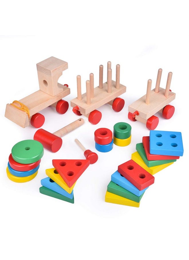 FUN LITTLE TOYS Stacking Train Shape Sorter Wooden Toys(23 Pcs) Sorting & Stacking Toys For Toddler 23 Montessori Toys For 1 2 3 Year Old Boy Girl Gifts Kids Wooden Train Toy  - Image 3